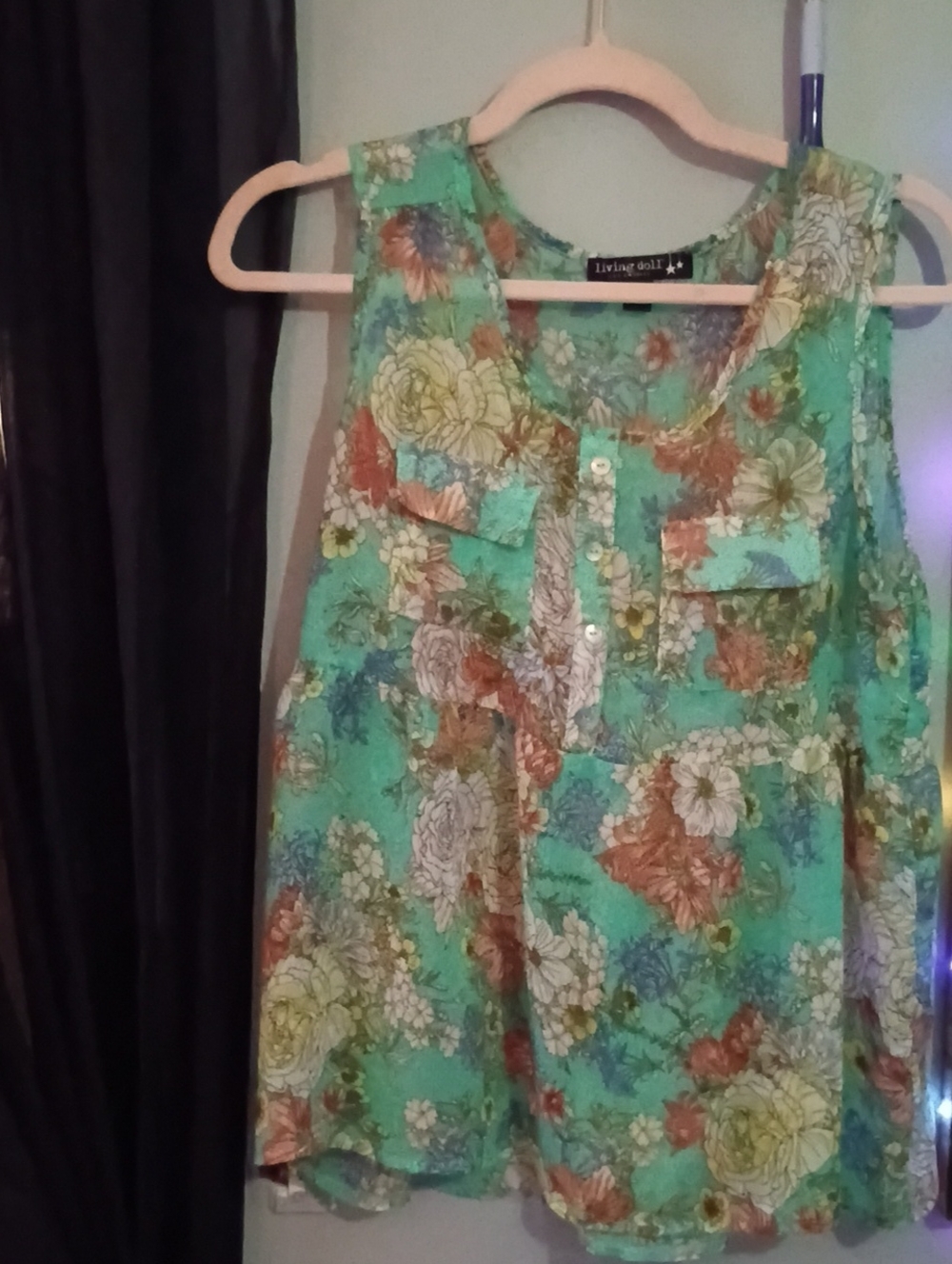 living doll Mint Floral Sleeveless Button Front Top